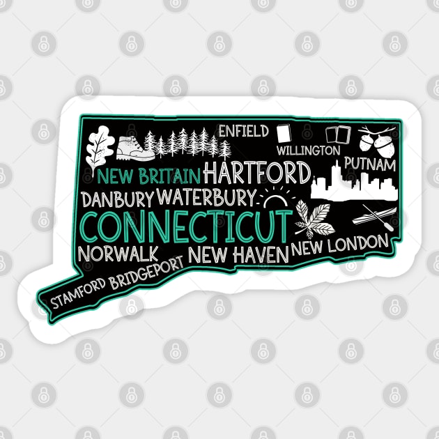 Connecticut New Britain cute map Waterbury New Haven Enfield Willington Putnam Norwalk Stamford Bridgeport Sticker by BoogieCreates